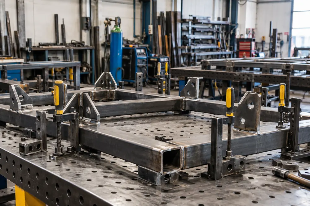 Steel components clamped on a fabrication table